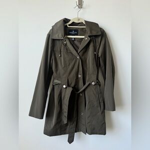 London Fog Olive Green Hooded Belted Trench Coat Size M
